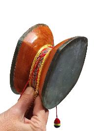 Chod Damru, The Tibetan [chod Damaru], [medium Quality] A Traditional Musical Instrument From Tibet, [high Quality Wood] With Brocade Cover And Tail