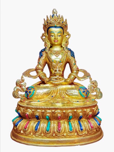 Buddhist Handmade Statue Of Aparimita, [full Fire Gold Plated], [face Painted], Amitayus, Chepame