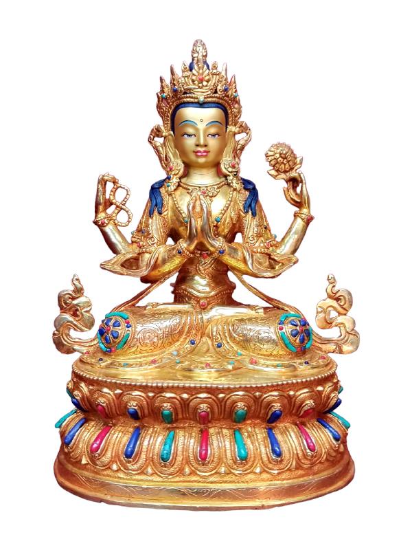 Buddhist Handmade Statue Of Chenrezig, [full Fire Gold Plated], [face Painted]