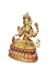 Buddhist Handmade Statue Of Chenrezig, [full Fire Gold Plated], [face Painted]