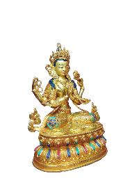 Buddhist Handmade Statue Of Chenrezig, [full Fire Gold Plated], [face Painted]