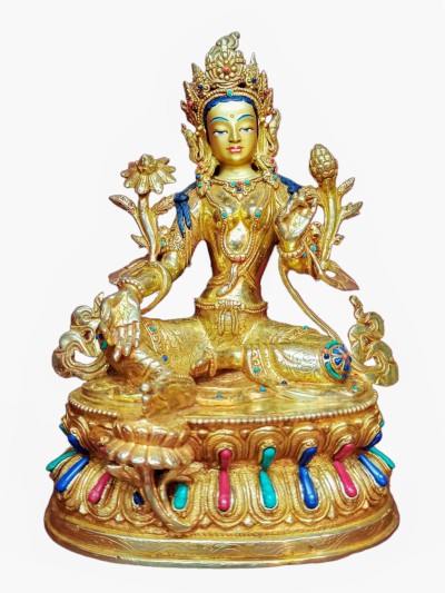 Buddhist Handmade Statue Of Green Tara, [full Fire Gold Plated], [face Painted]