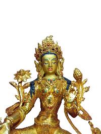 Buddhist Handmade Statue Of Green Tara, [full Fire Gold Plated], [face Painted]