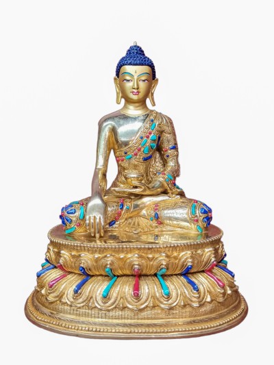 Buddhist Handmade Statue Of Shakyamuni Buddha, [full Fire Gold Plated], [face Painted]