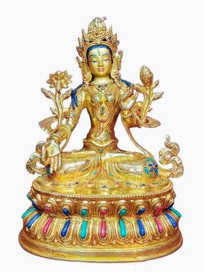 Buddhist Handmade Statue Of White Tara, [full Fire Gold Plated], [face Painted]