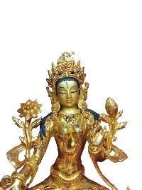 Buddhist Handmade Statue Of White Tara, [full Fire Gold Plated], [face Painted]