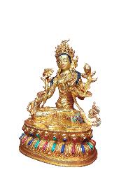 Buddhist Handmade Statue Of White Tara, [full Fire Gold Plated], [face Painted]