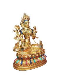 Buddhist Handmade Statue Of White Tara, [full Fire Gold Plated], [face Painted]