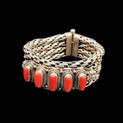Metal Bracelet With Five [stone Setting], Coral