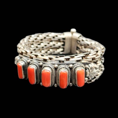 Metal Bracelet With Five [stone Setting], Coral
