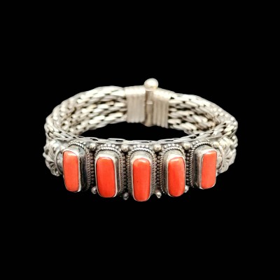 92.5 Sterling Silver Bracelet With Five [stone Setting], [coral]