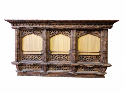 Traditional Newari Wooden Hand Carved Windows Design Photo Frame Or Window Decoration, [natural Wood], [three Window]