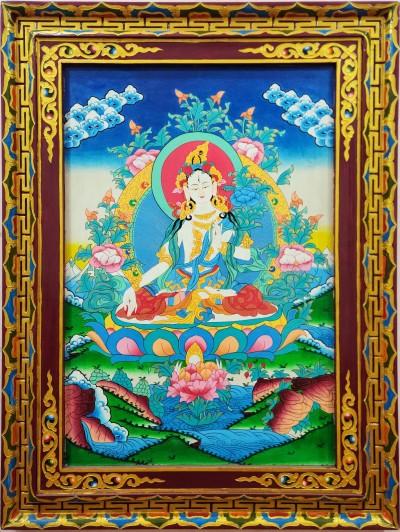 [traditional Tibetan], Ritual Wall Hanging Of White Tara Thangka, Thangka On Wooden Frame
