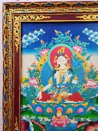 [traditional Tibetan], Ritual Wall Hanging Of White Tara Thangka, Thangka On Wooden Frame