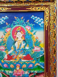 [traditional Tibetan], Ritual Wall Hanging Of White Tara Thangka, Thangka On Wooden Frame