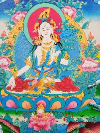 [traditional Tibetan], Ritual Wall Hanging Of White Tara Thangka, Thangka On Wooden Frame