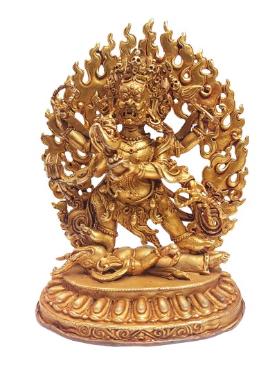 Tibetan Buddhist Handmade Statue Of Mahakala 6 Arms, [full Gold Plated]
