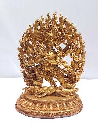 Tibetan Buddhist Handmade Statue Of Mahakala 6 Arms, [full Gold Plated]