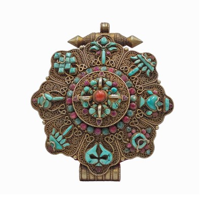 [sterlin Silver] Tibetan Ghau Box With Ashtamangala, [gold Plated], [stone Setting]