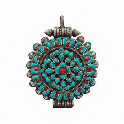 [sterlin Silver] Tibetan Ghau Box With Flower Design, [stone Setting]
