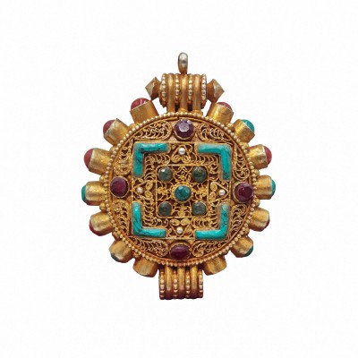 Tibetan Mandala Ghau Box With Sighu Stone, [gold Plated], [stone Setting]