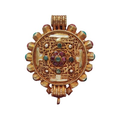 Tibetan Mandala Ghau Box With Sighu Stone, [gold Plated], [stone Setting]