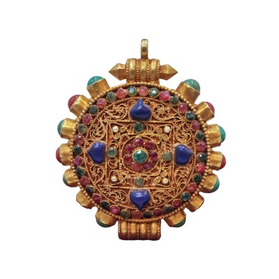 Tibetan Mandala Ghau Box With Sighu Stone, [gold Plated], [stone Setting]