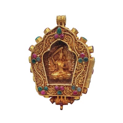 [sterlin Silver] Tibetan Ghau Box With Manjushree, [gold Plated], [stone Setting]