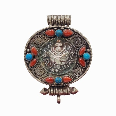 [sterlin Silver] Tibetan Ghau Box With Ashtamangala And Sighu Stone, [gold Plated], [stone Setting]