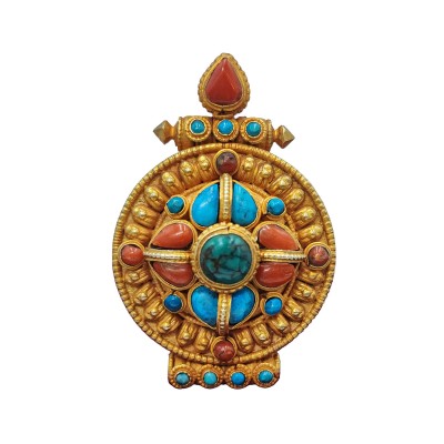 [sterlin Silver] Tibetan Ghau Box With Flower Design, [gold Plated], [stone Setting]