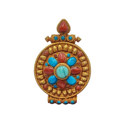[sterlin Silver] Tibetan Ghau Box With Flower Design, [gold Plated], [stone Setting]