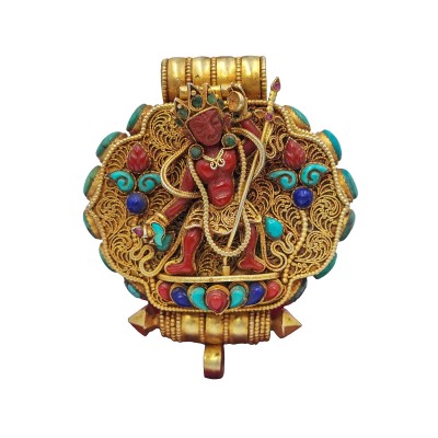 [sterlin Silver] Tibetan Ghau Box With Yogini, [gold Plated], [stone Setting]