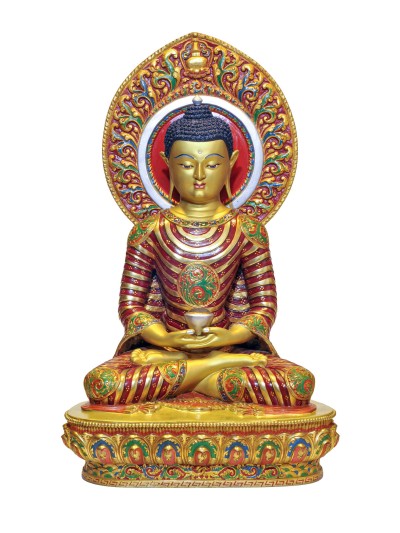 [high Quality], Tibetan Buddhist Handmade Statue Of Amitabha Buddha, [full Fire Gold Plated], [face Painted], Traditional Color Finishing Di