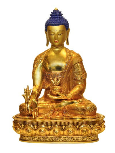 [high Quality], Tibetan Buddhist Handmade Statue Of Medicine Buddha, [full Fire Gold Plated], [face Painted], [stone Setting]