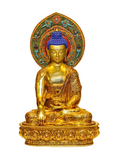 [high Quality], Tibetan Buddhist Handmade Statue Of Shakyamuni Buddha, [full Fire Gold Plated], [face Painted] With [stone Setting]