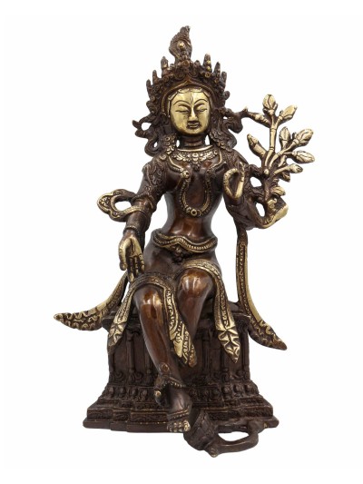 Buddhist Statue Of White Tara On Throne, [sand Casting], [chocolate Oxidized]