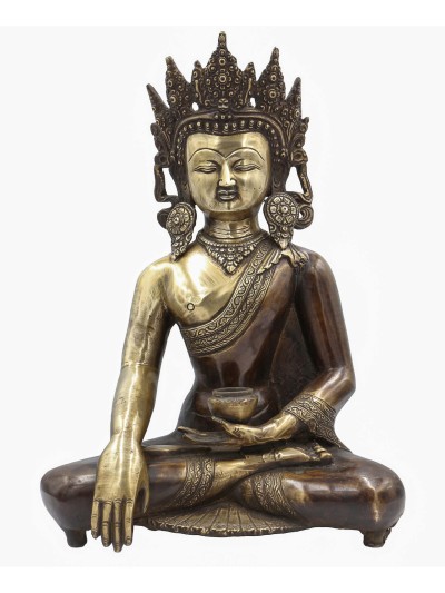 Buddhist Statue Of Shakyamuni Buddha With Crown, [sand Casting], [chocolate Oxidized]