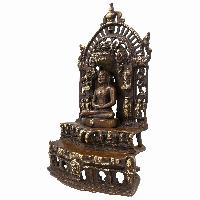 Handmade Statue Of Amitabha Buddha On Throne, [sand Casting], [chocolate Oxidized]