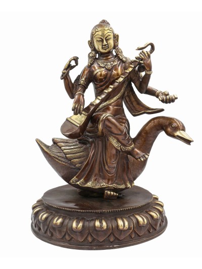 Nepali Statue Of Saraswati On Swan, [sand Casting], [chocolate Oxidized]