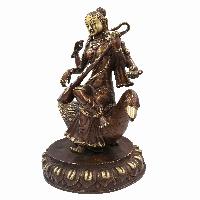 Nepali Statue Of Saraswati On Swan, [sand Casting], [chocolate Oxidized]