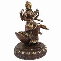 Nepali Statue Of Saraswati On Swan, [sand Casting], [chocolate Oxidized]