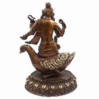 Nepali Statue Of Saraswati On Swan, [sand Casting], [chocolate Oxidized]