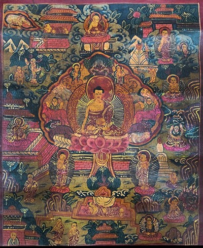 Buddhist Tibetan Thangka Of Buddha Life Story, [hand Painted], [antique]