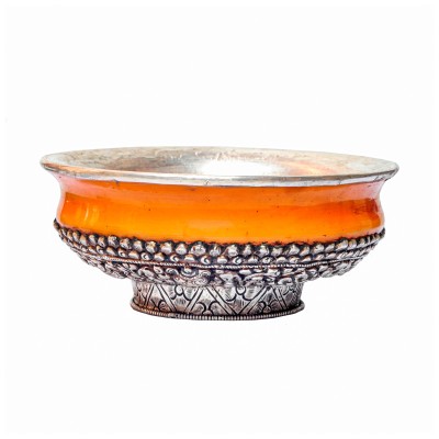 Silver Cup With Emitted [amber] Offering Bowls, [silver Carving] Offering Bowls