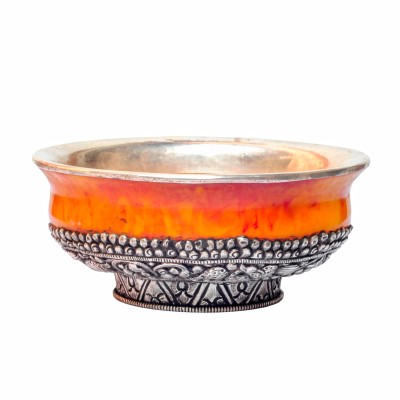 Silver Cup With Emitted [amber] Offering Bowls, [silver Carving] Offering Bowls