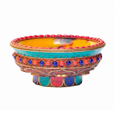 Silver Cup With Emitted [amber] Offering Bowls With Stone Setting, [jade Stone], [silver Carving], With Metal Setting And Siku Design