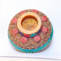 Silver Cup With Emitted [amber] Offering Bowls With Stone Setting, [jade Stone], [silver Carving], With Metal Setting And Siku Design