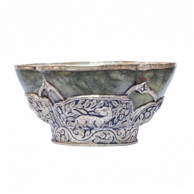Silver Cup With Emitted [amber] Offering Bowl With Lotus Design And [jade Stone], [jade Stone], [silver Carving], Metal Stone Setting