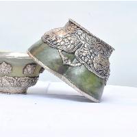 Silver Cup With Emitted [amber] Offering Bowl With Lotus Design And [jade Stone], [jade Stone], [silver Carving], Metal Stone Setting