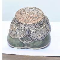 Silver Cup With Emitted [amber] Offering Bowl With Lotus Design And [jade Stone], [jade Stone], [silver Carving], Metal Stone Setting